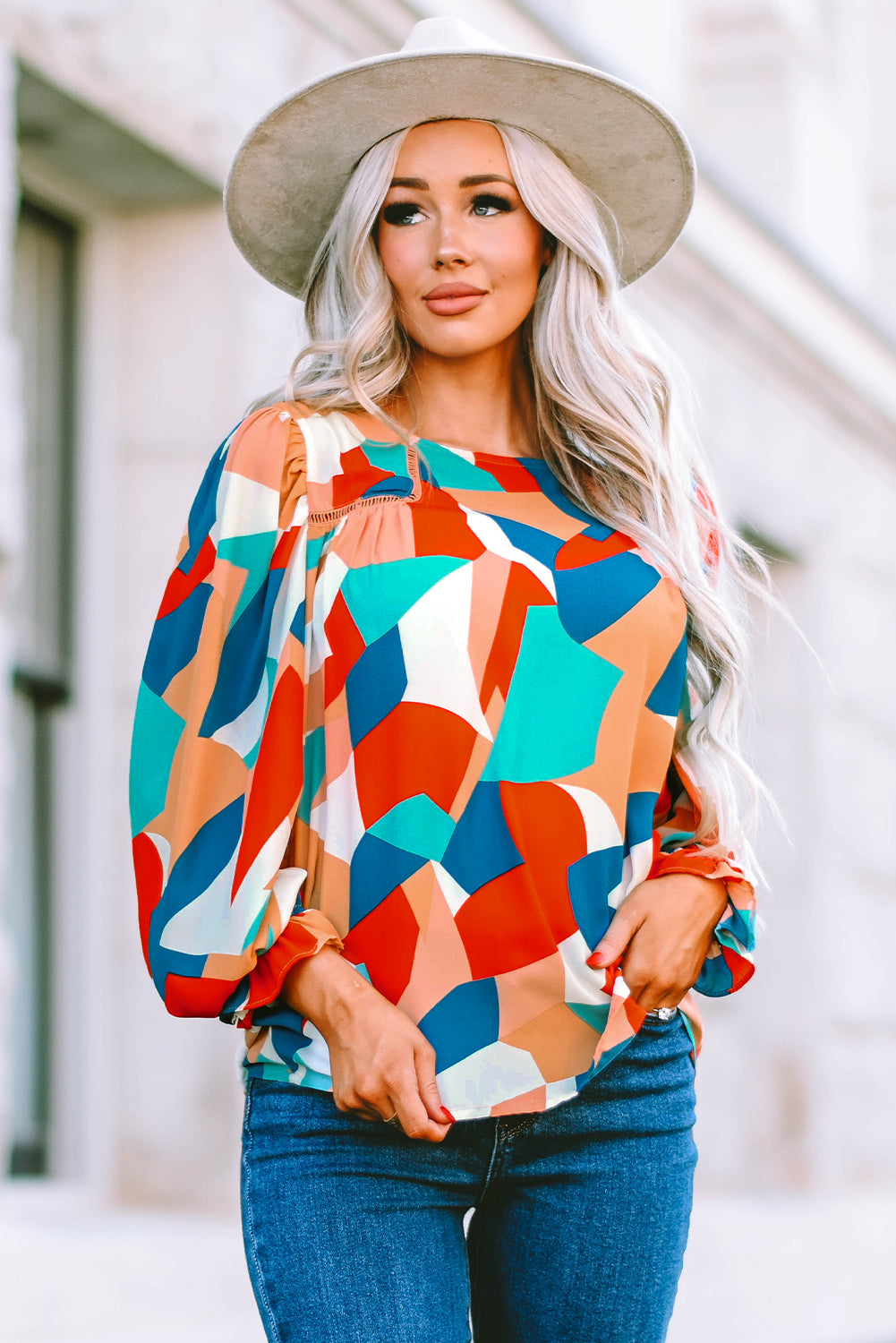 Multicolor Colorblock Casual Ruffle Puff Sleeve Blouse