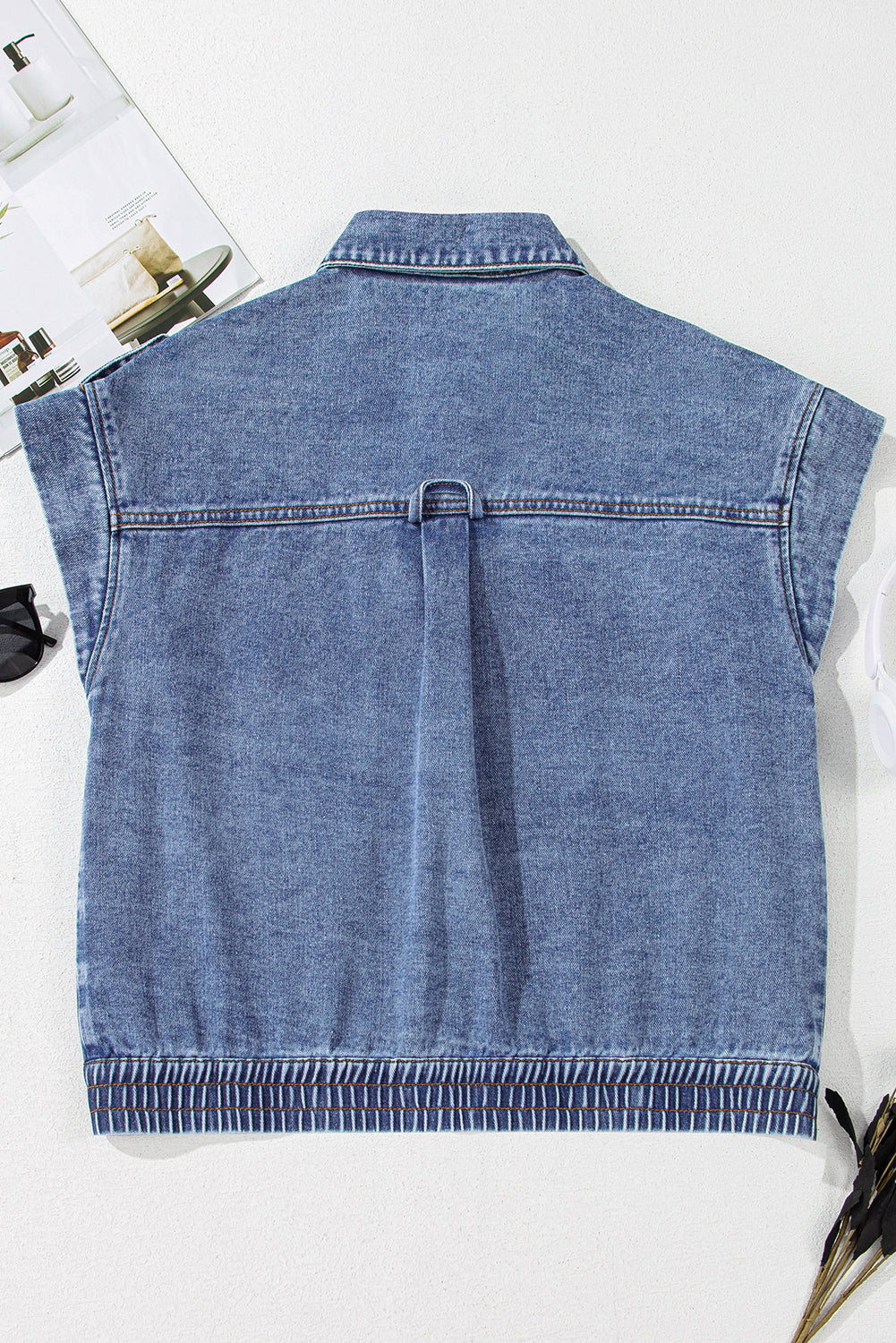 Ashleigh Blue Acid Wash Elastic Hem Button Up Denim Vest - Kustom Kreations Goods
