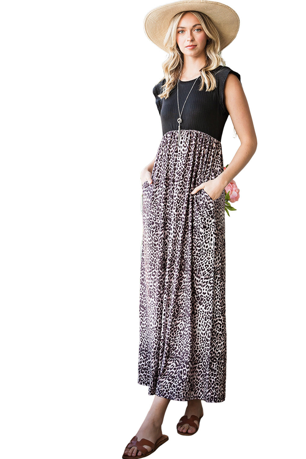Black Leopard Print Casual Cap Sleeve Pocket Dress