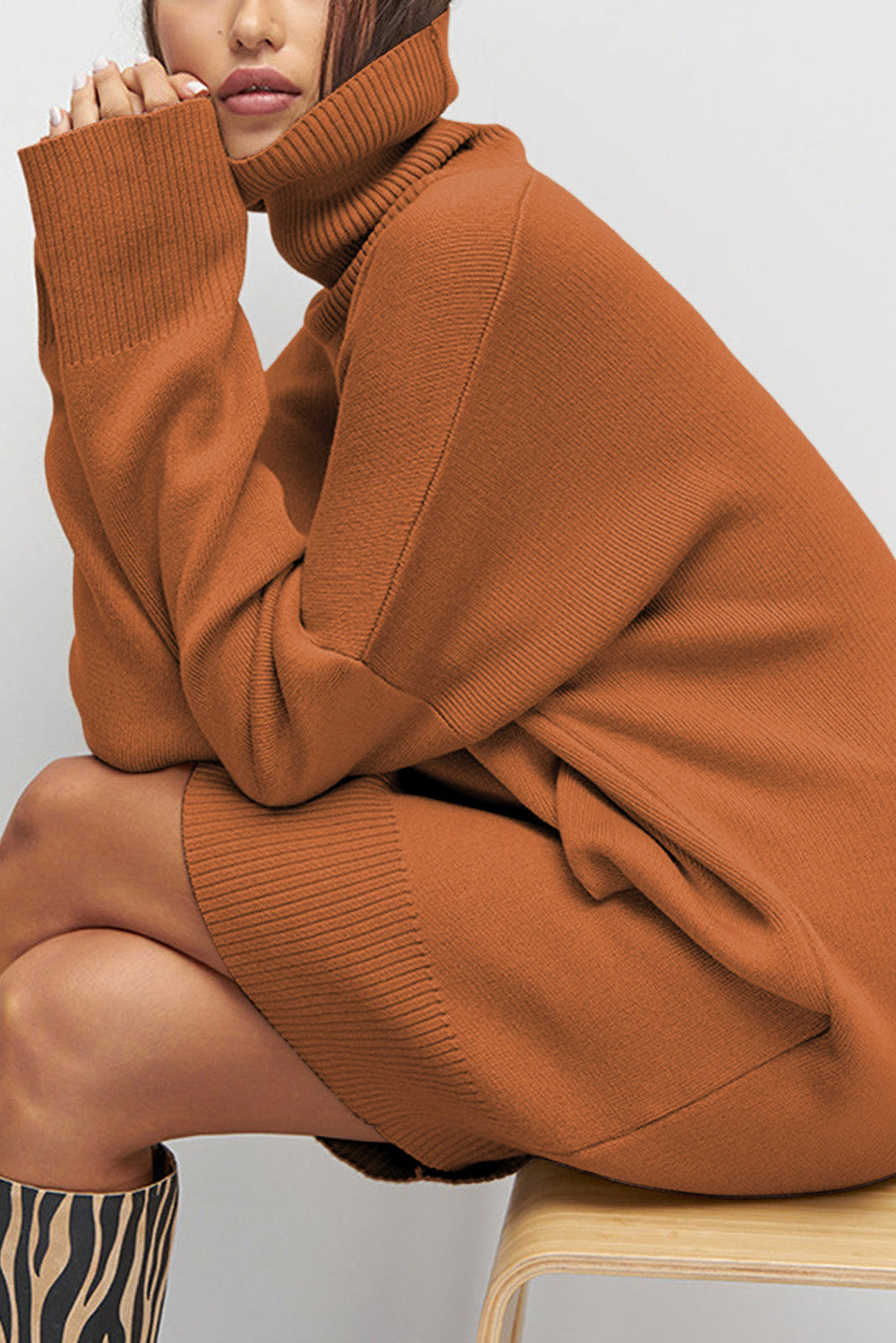 Black Solid Color Turtleneck Drop Shoulder Loose Sweater Dress - Kustom Kreations Goods