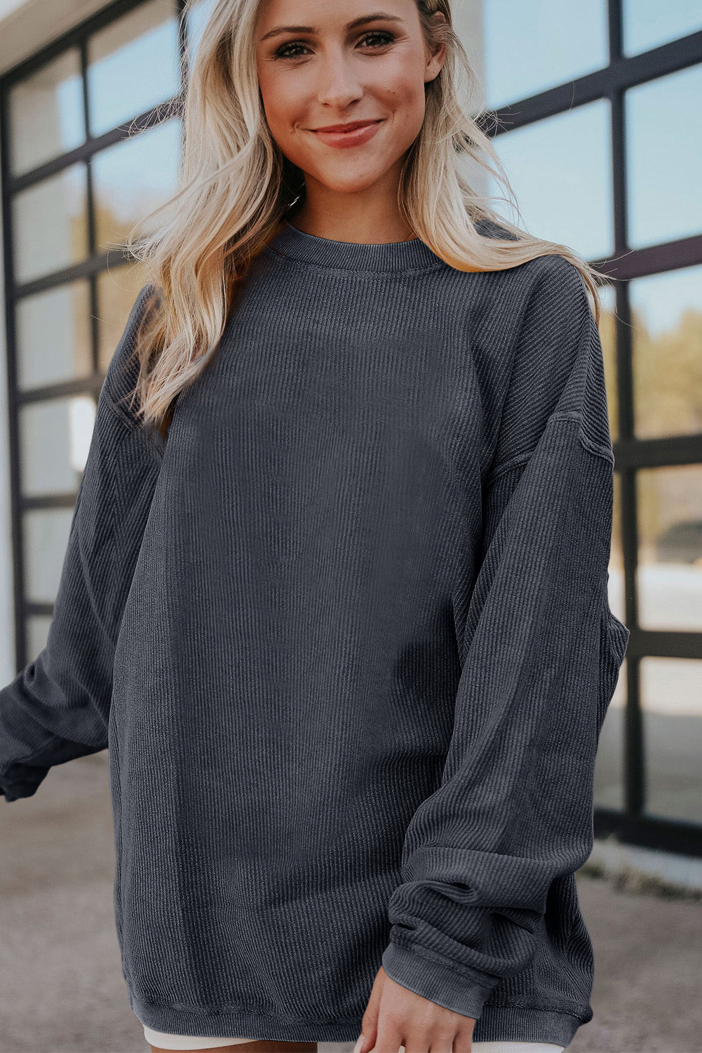 Orange Plain Drop Sleeve Rib-Knit Oversized Sweatshirt