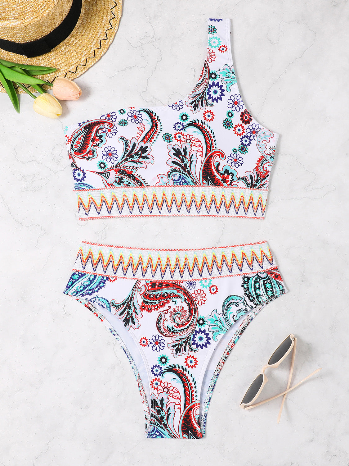 Printed One Shoulder Two-Piece Swim Set