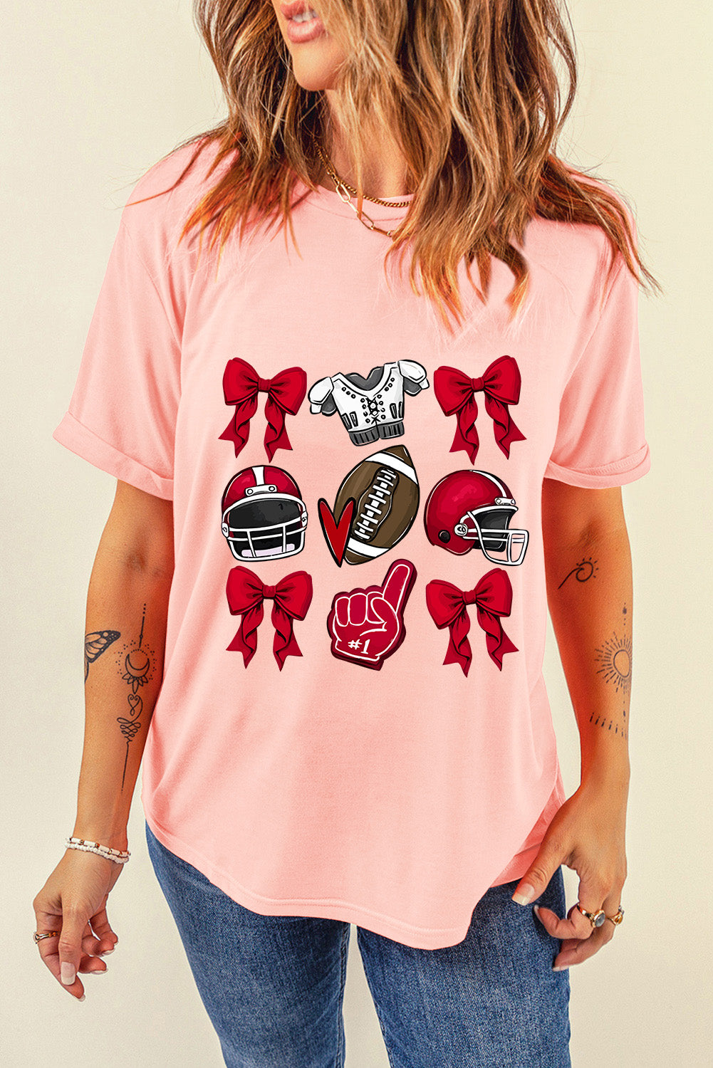 Pink Rugby Cheer Helmet Bow Graphic Tee