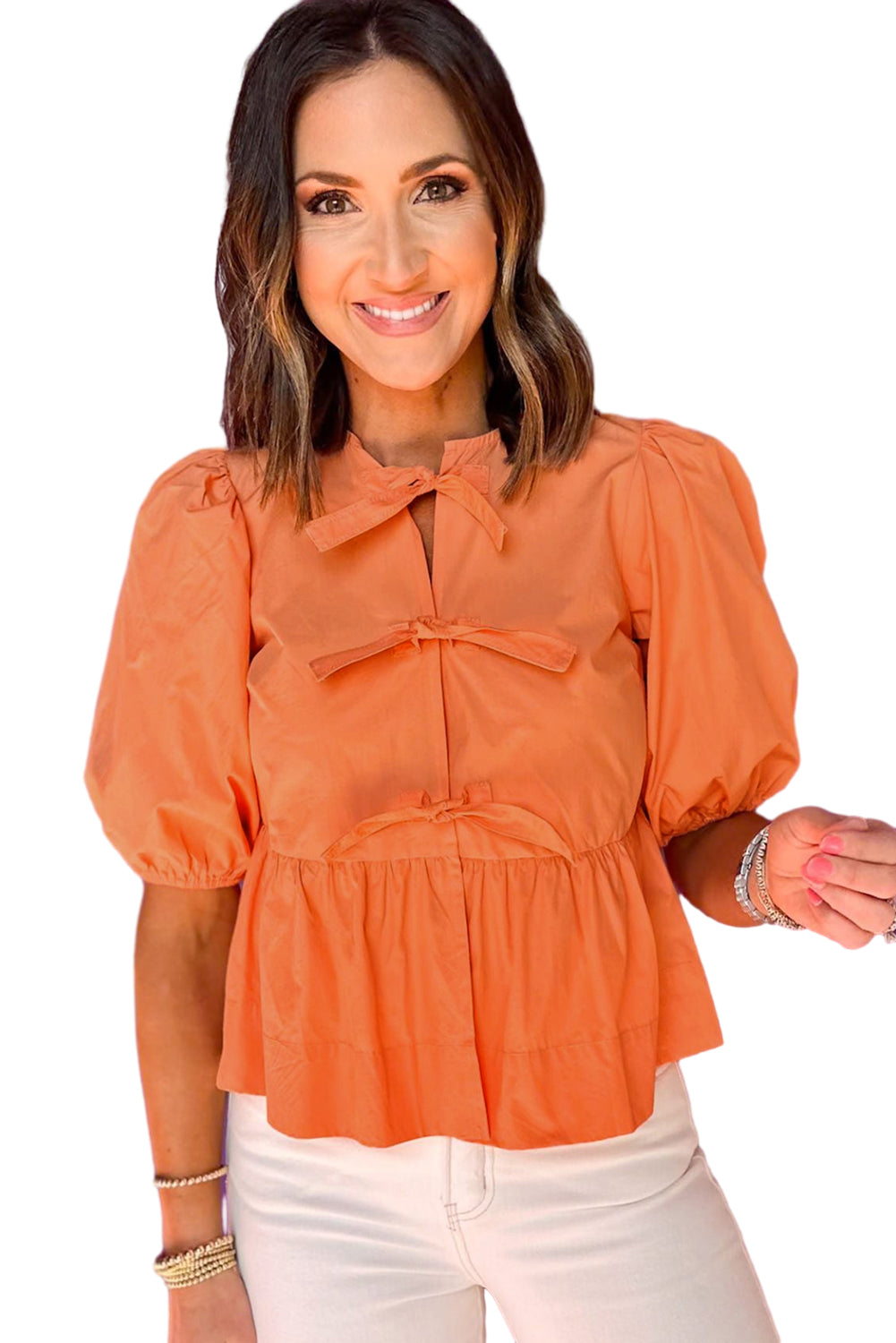 Grapefruit Orange Knotted Puff Short Sleeve Peplum Blouse
