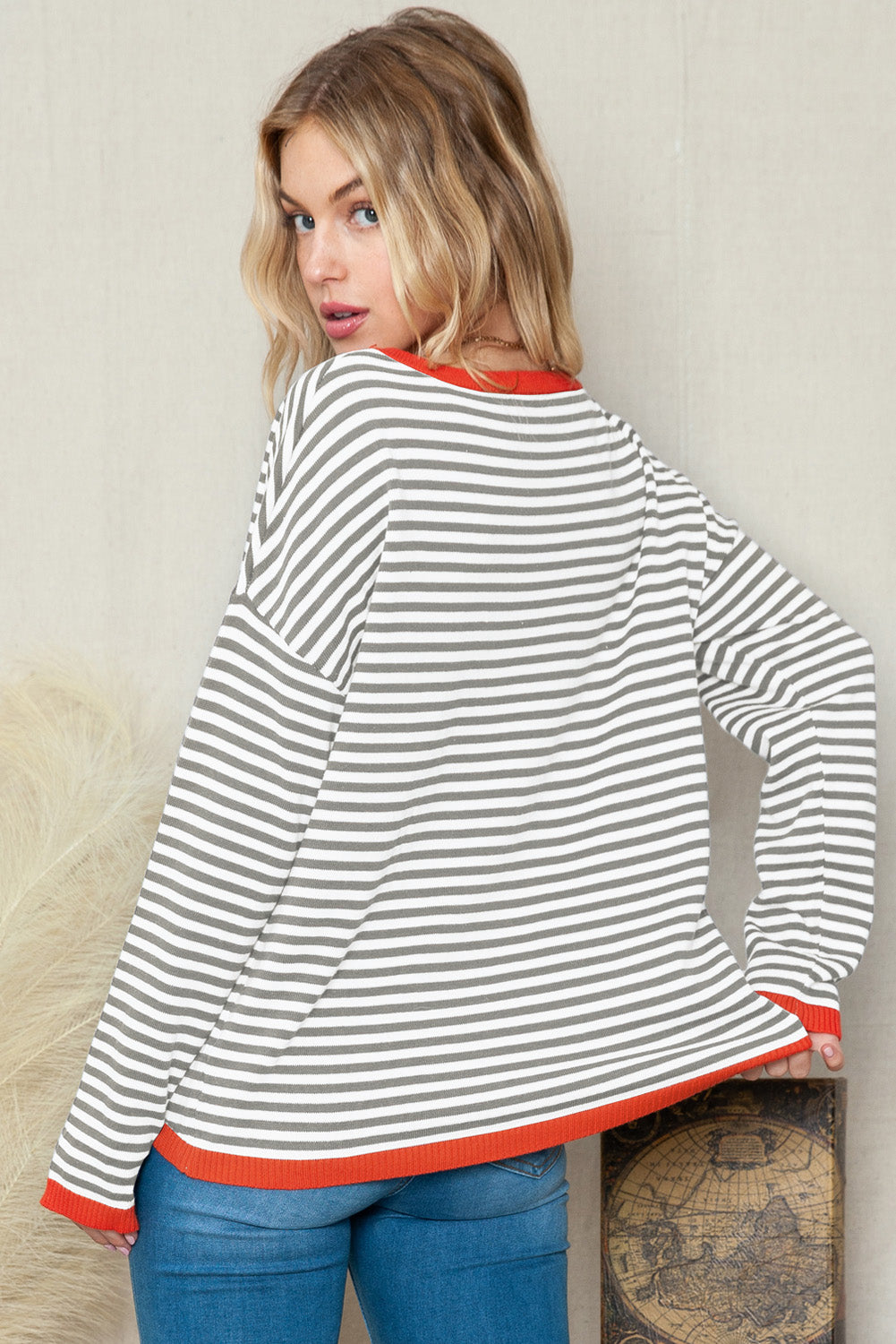 Gray Striped Contrast Trim Knit Pullover Sweater