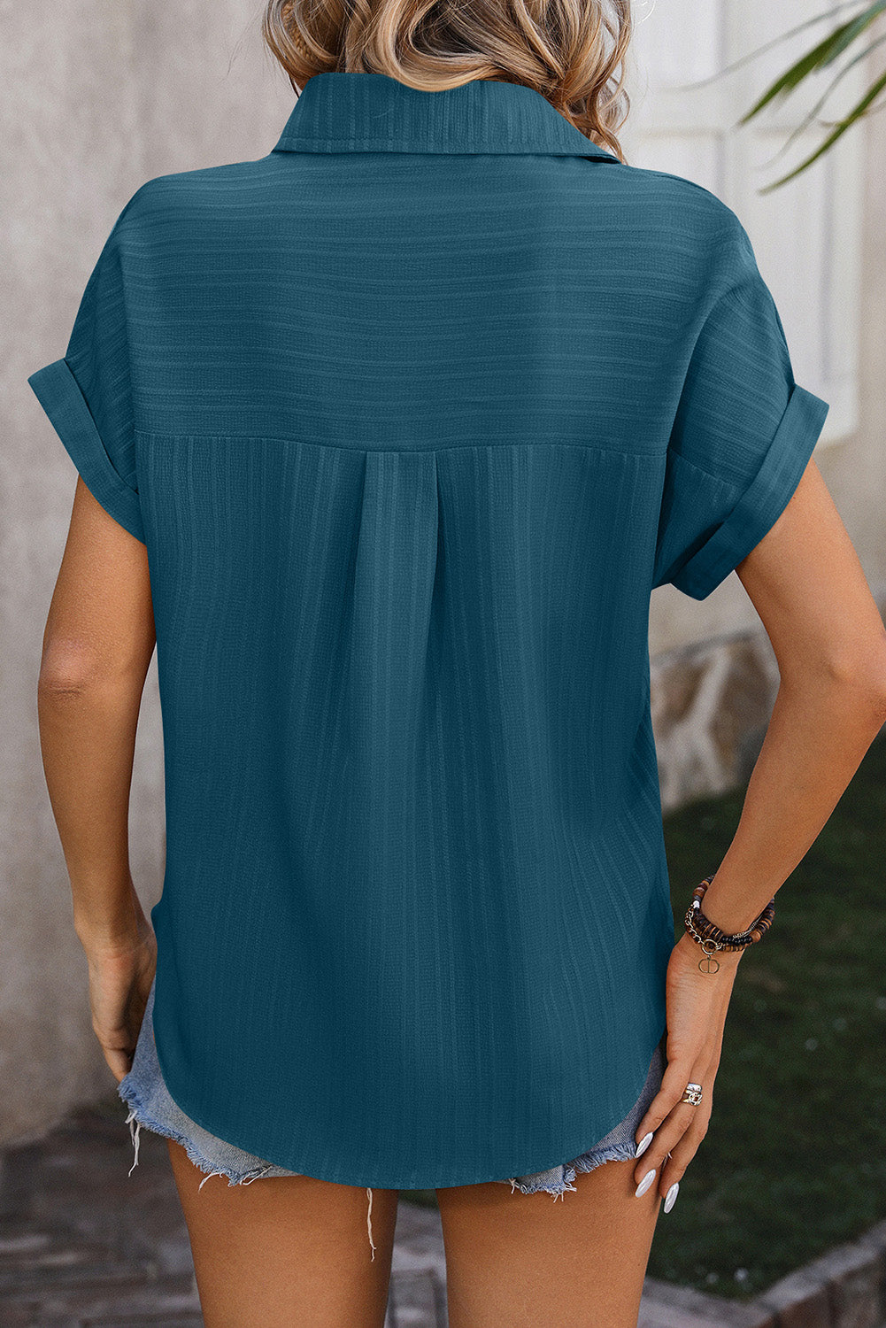 Real Teal Striped Texture Cuffed Short Sleeve Blouse