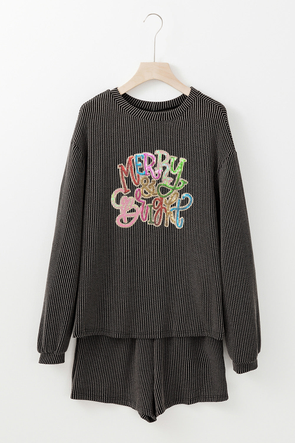 Carbon Grey Twisted Ribbed Merry & Bright Sequin Graphic Long Sleeve Top 2pcs Short Set