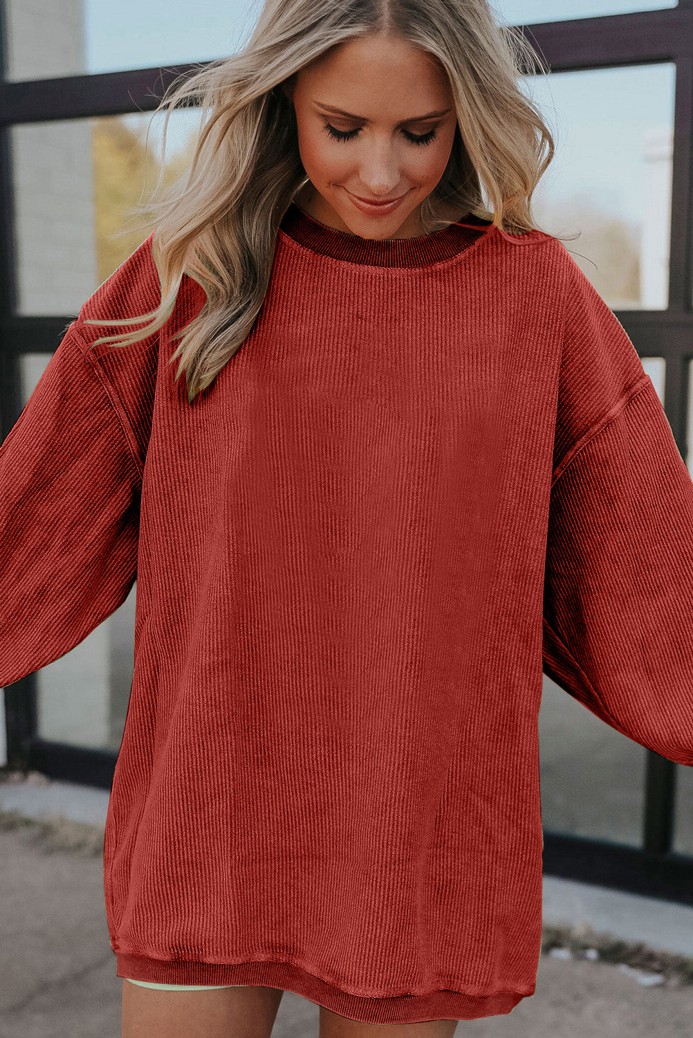 Red Plain Drop Sleeve Rib Knit Oversized Sweatshirt