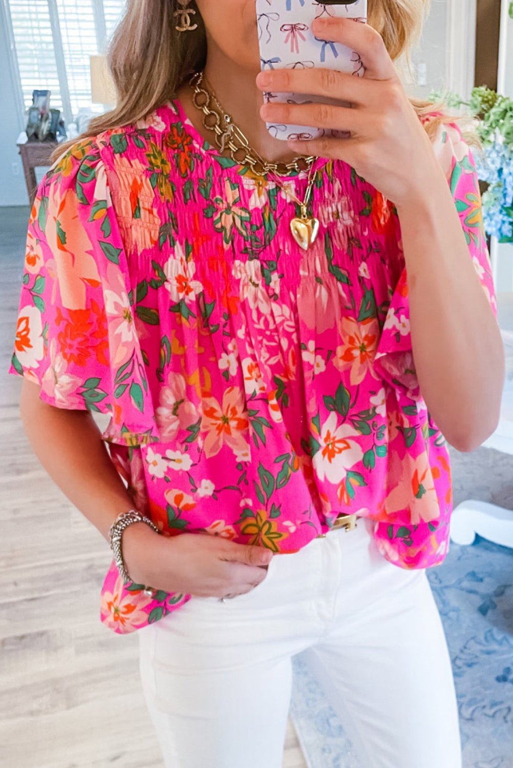 Pink Floral Print Flounce Sleeve Smocked Blouse