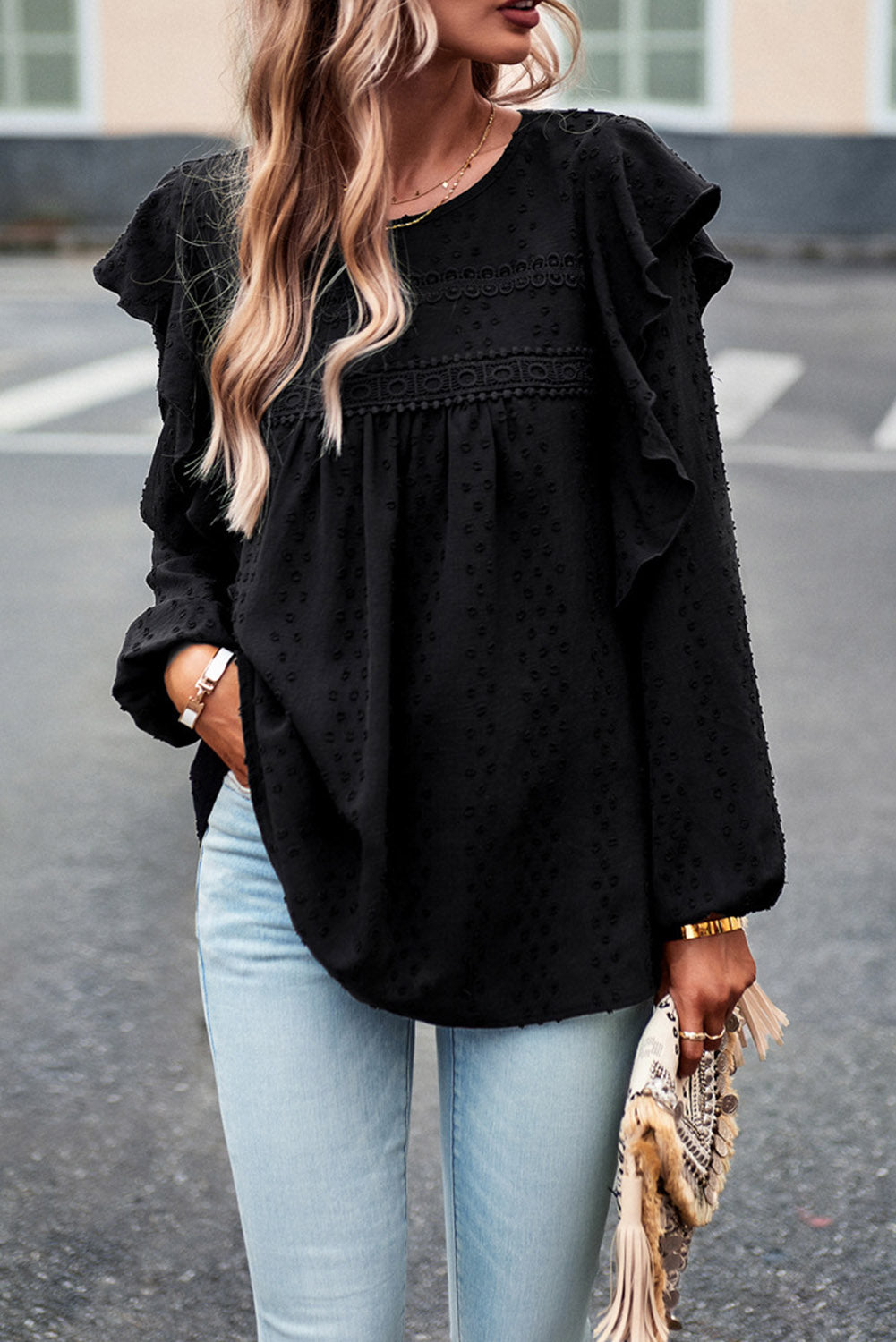 Black Swiss Dot Ruffle Shoulder Long Sleeve Blouse