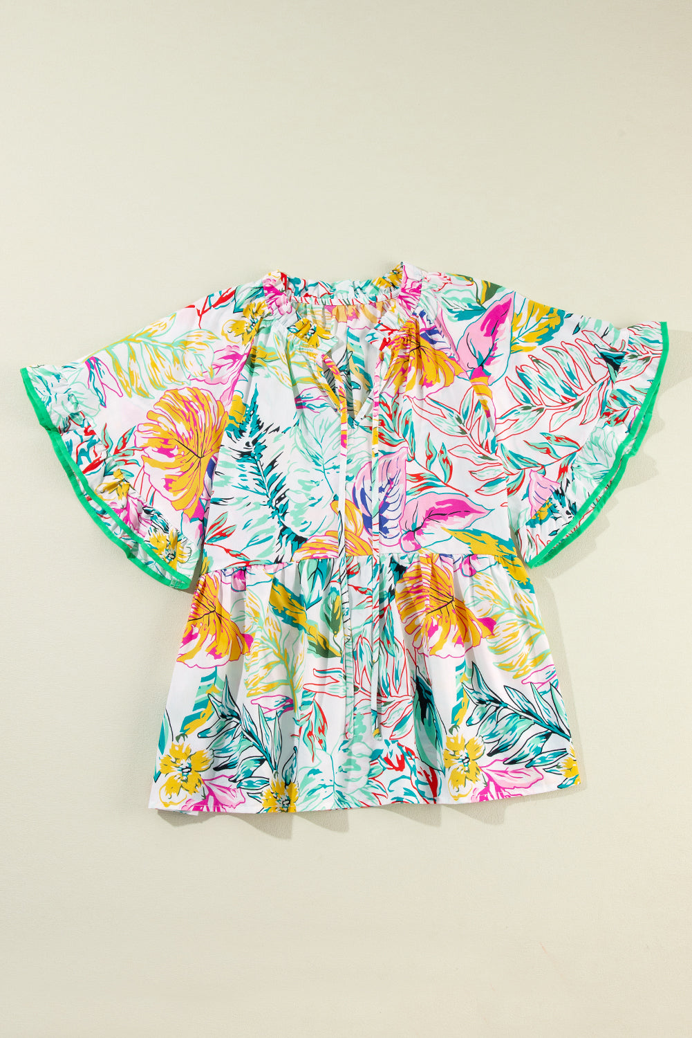 White Tropical Plant Print Tie Neck Ruffle Blouse