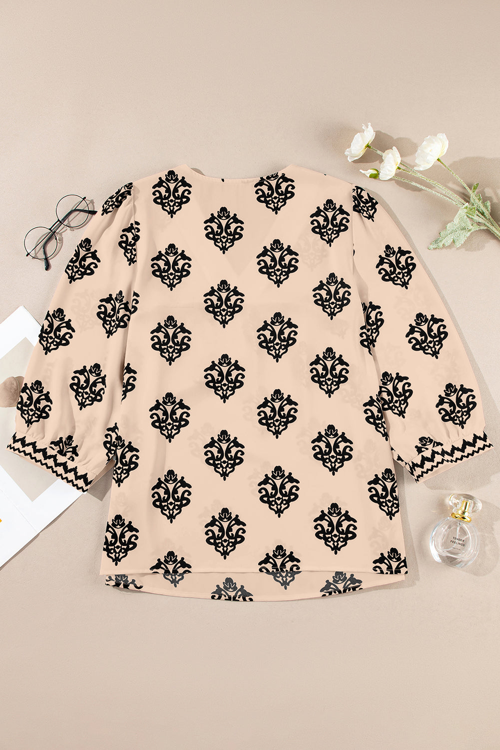 Green Damask Floral Print Contrast V Neck 3/4 Sleeve Blouse - Kustom Kreations Goods