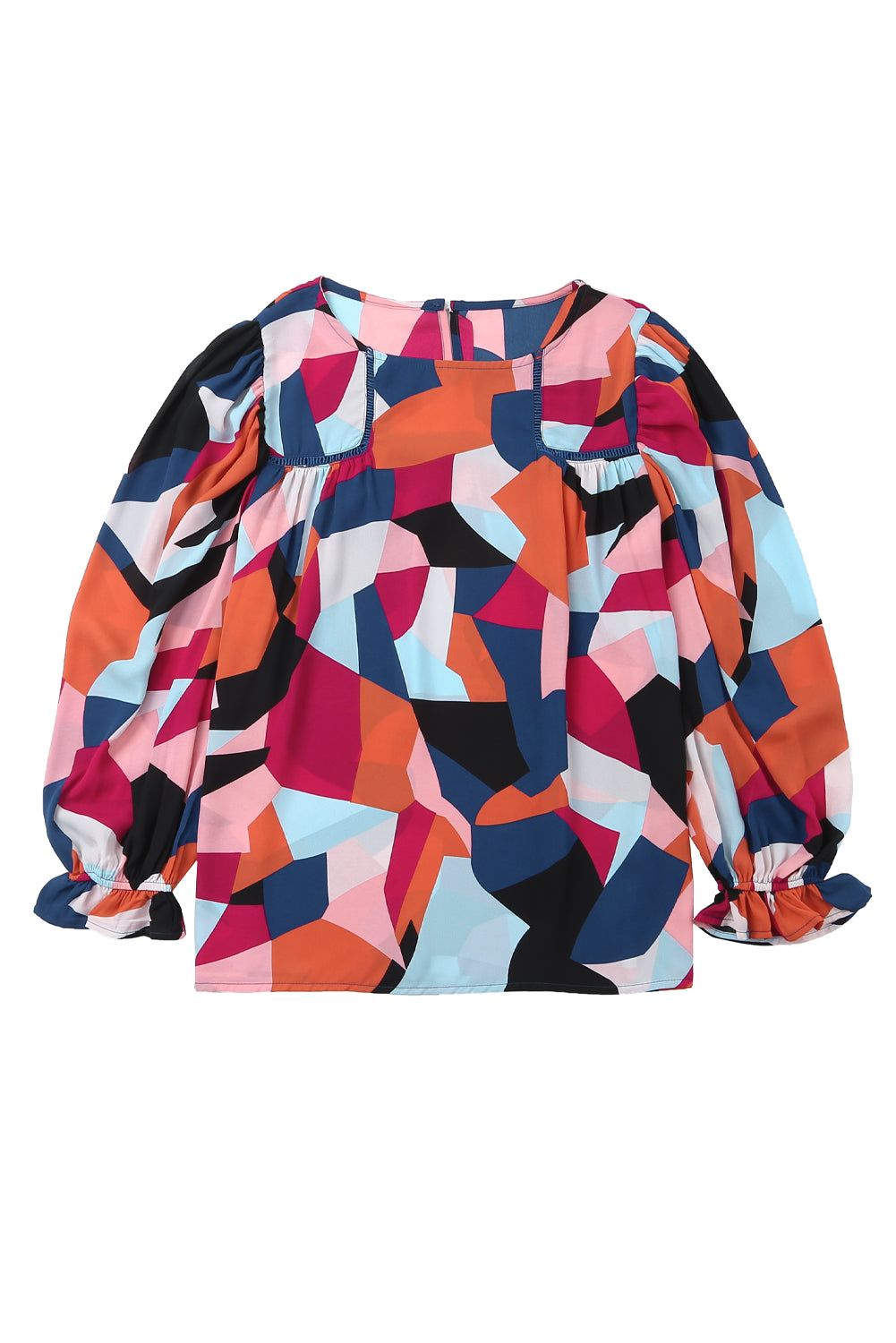 Multicolor Colorblock Casual Ruffle Puff Sleeve Blouse