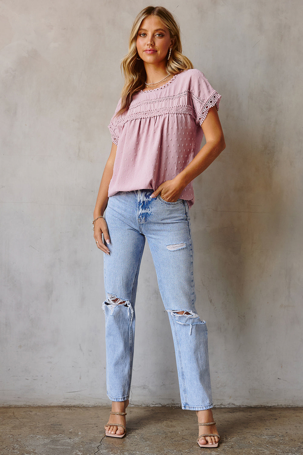 Apricot Swiss Dot Crochet Eyelet Back Button Detail Blouse