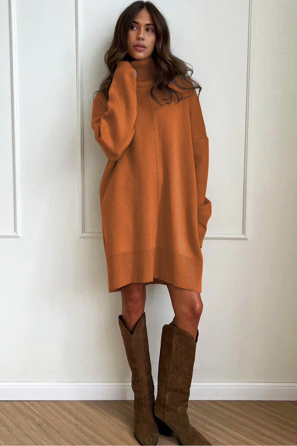Black Solid Color Turtleneck Drop Shoulder Loose Sweater Dress - Kustom Kreations Goods