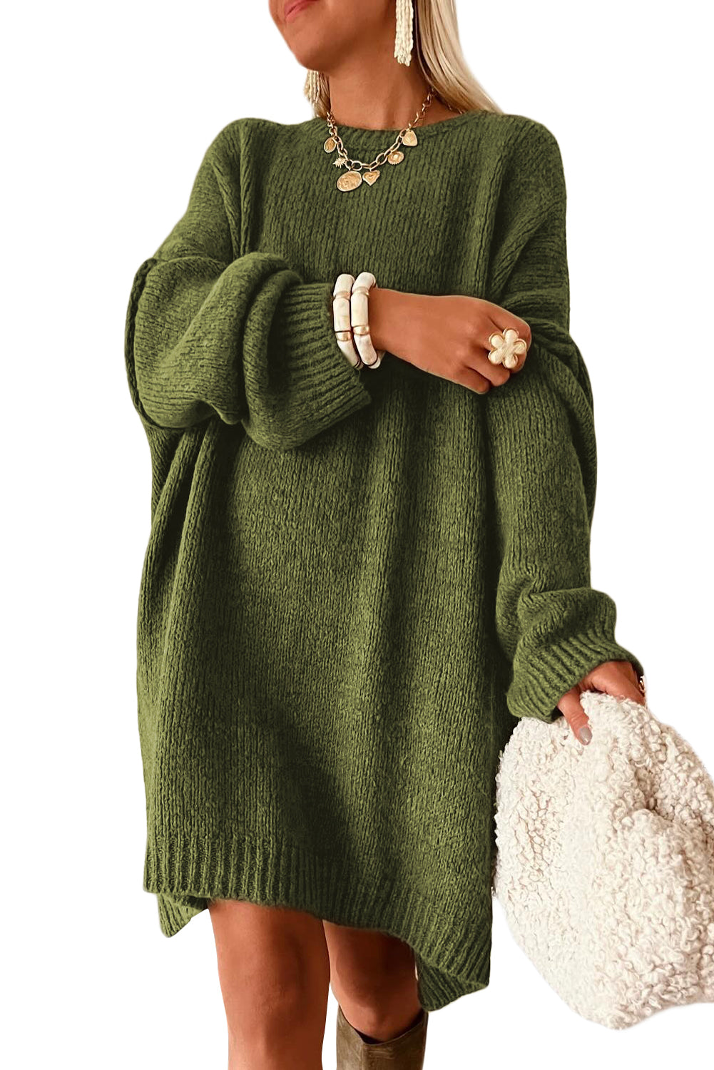Pale Khaki Oversize Drop Shoulder Slouchy Sweater Dress - Kustom Kreations Goods