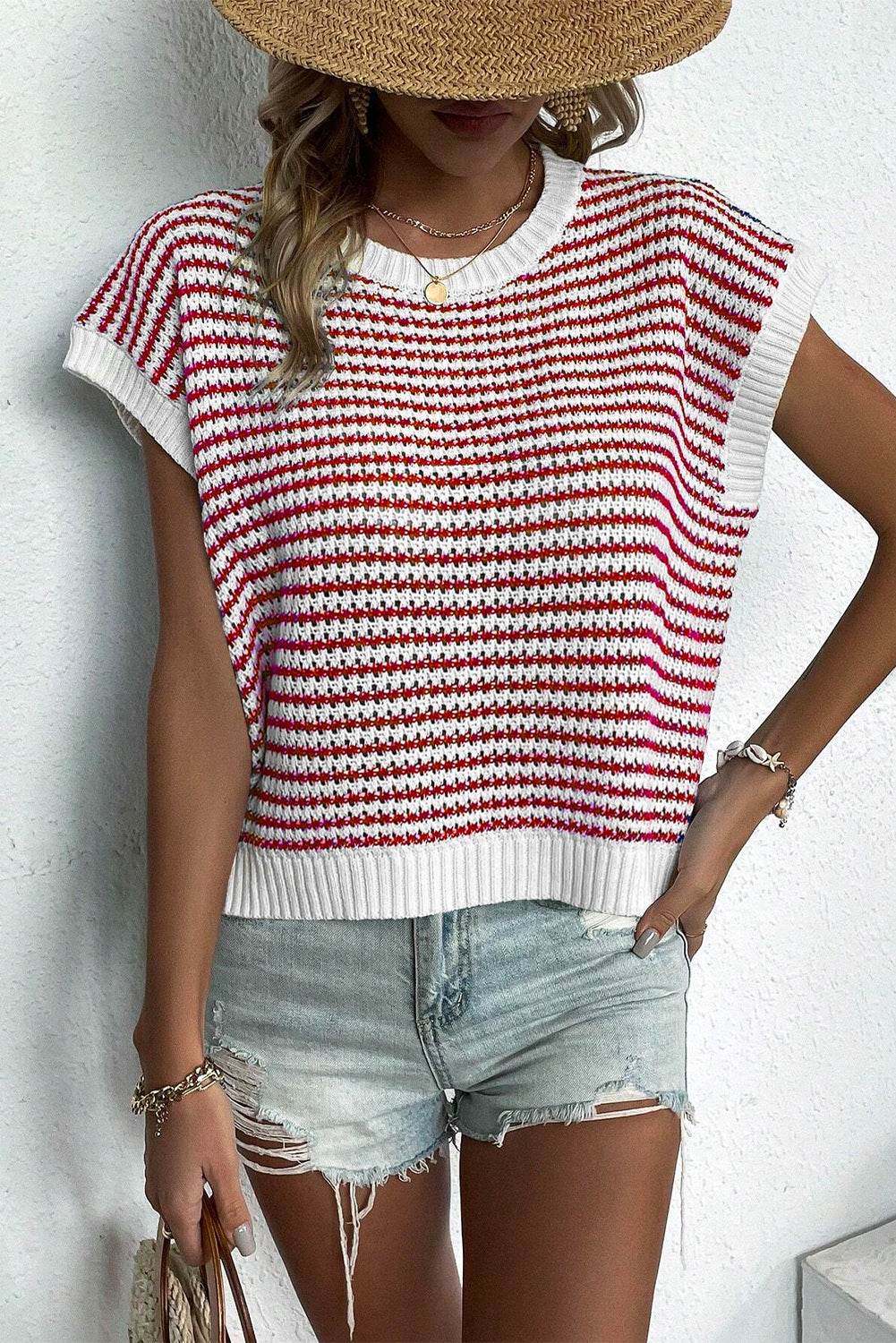 Red Stripe Contrast Trim Knit Dolman Top