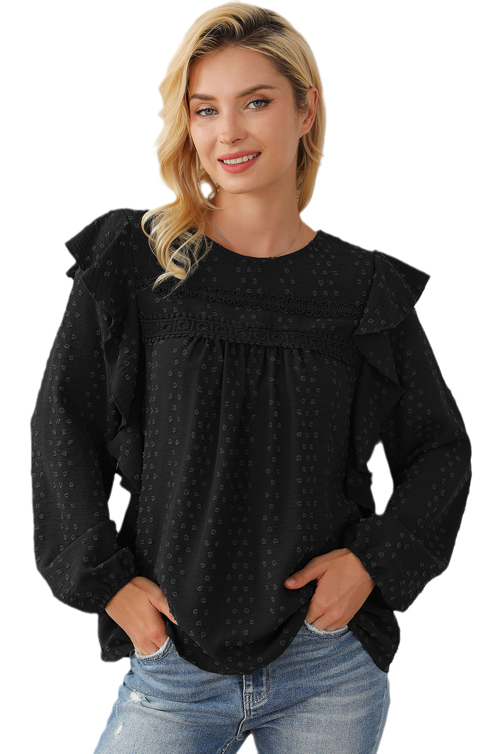 Black Swiss Dot Ruffle Shoulder Long Sleeve Blouse
