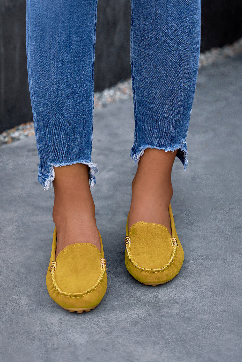 Yellow Mustard Slip On Flat Suede Loafers