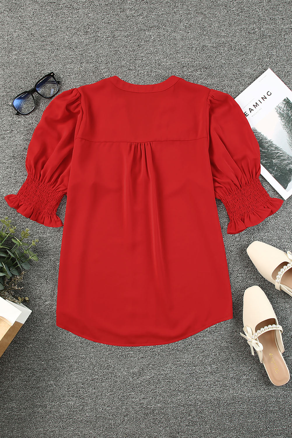 Apricot Solid Puffed Sleeve Shirred V Neck Blouse
