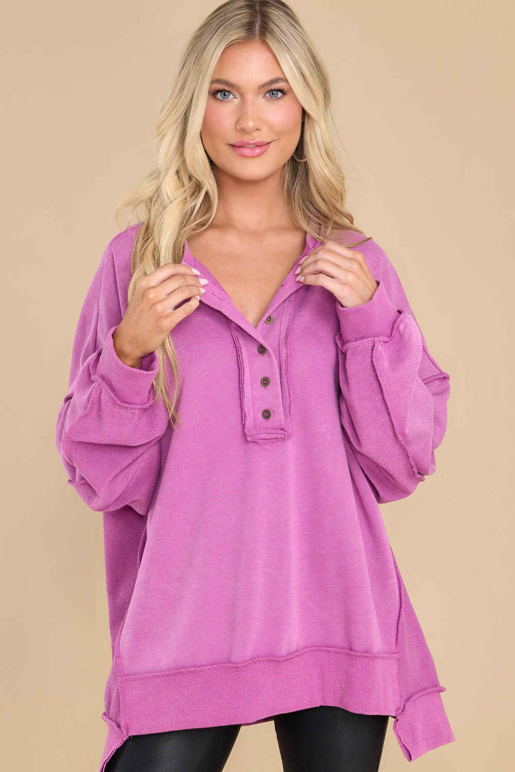 Purple Patchwork Exposed Seam Henley Sweatshirt