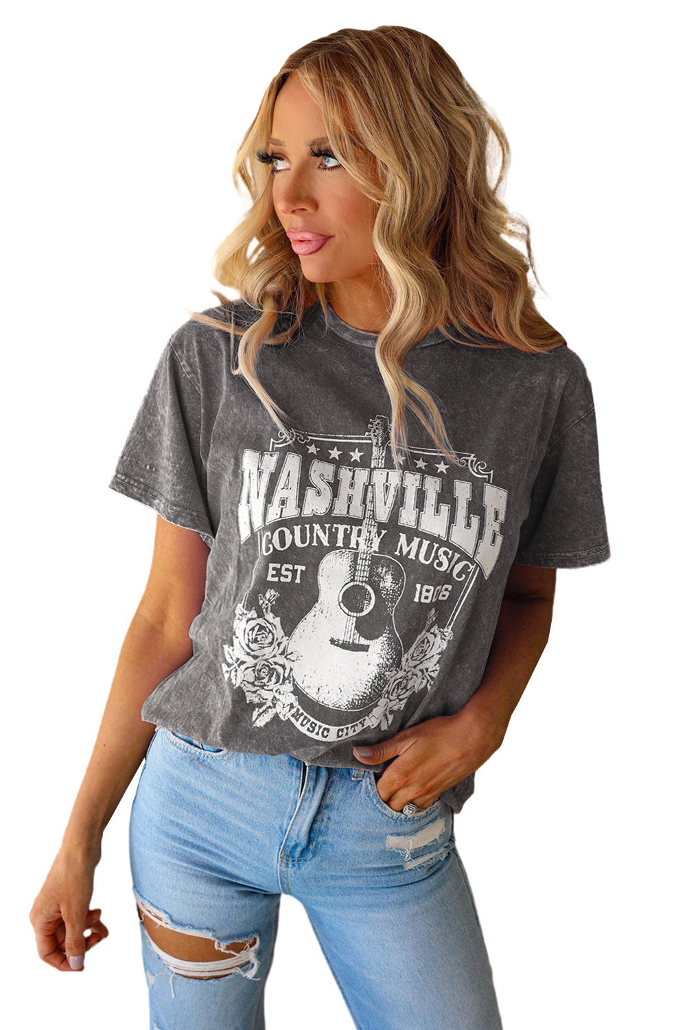 Gray Vintage Washed Nashville Rock Band T Shirt