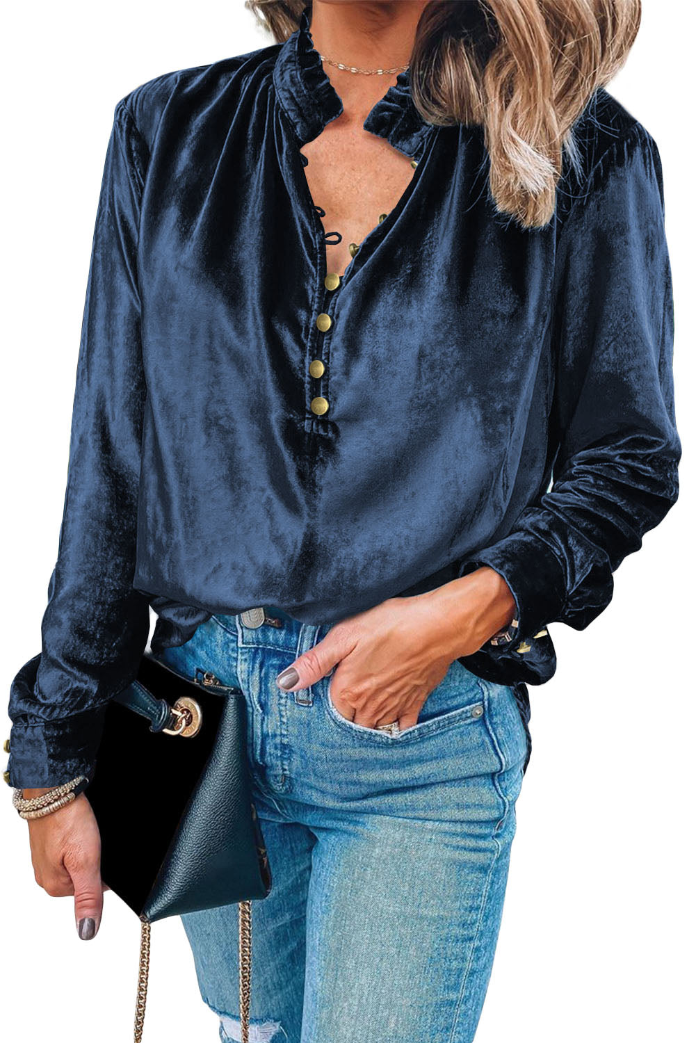 Black Frilled Neck Buttoned Front Velvet Top - Kustom Kreations Goods
