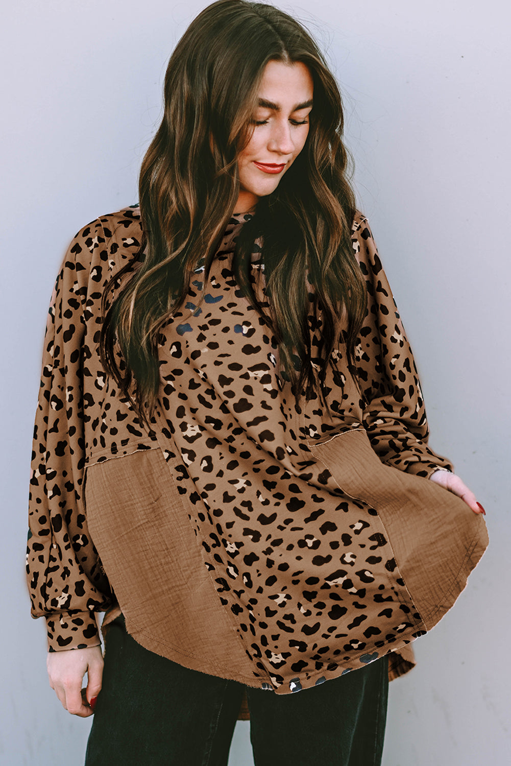 Pink Leopard Patchwork Raw Edge Oversized Top