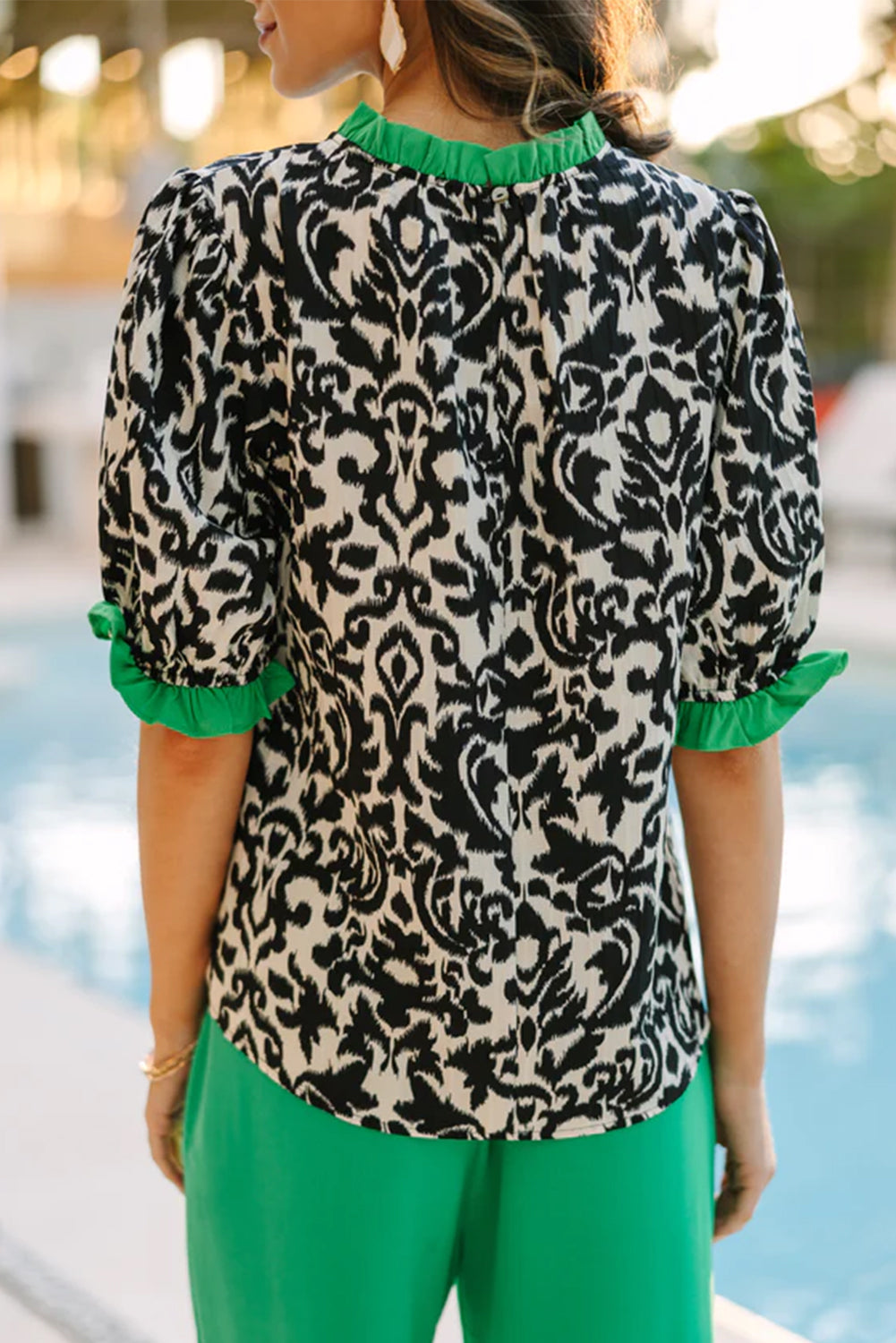 Black Abstract Frill Sleeve Stand Neck Blouse