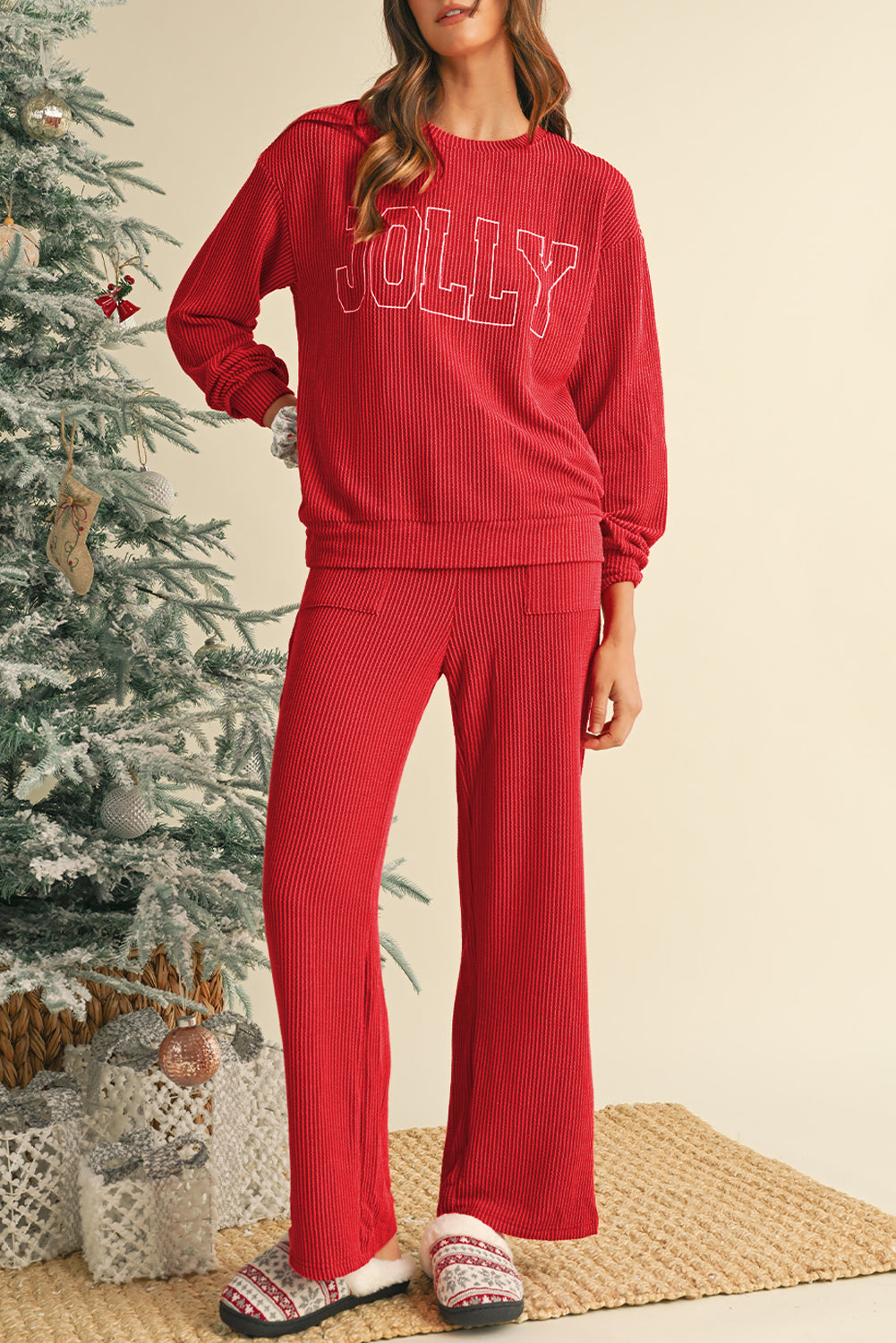 Evergreen Crinkle Rib JOLLY Pattern Long Sleeve Top and Pockets Pants Set - Kustom Kreations Goods