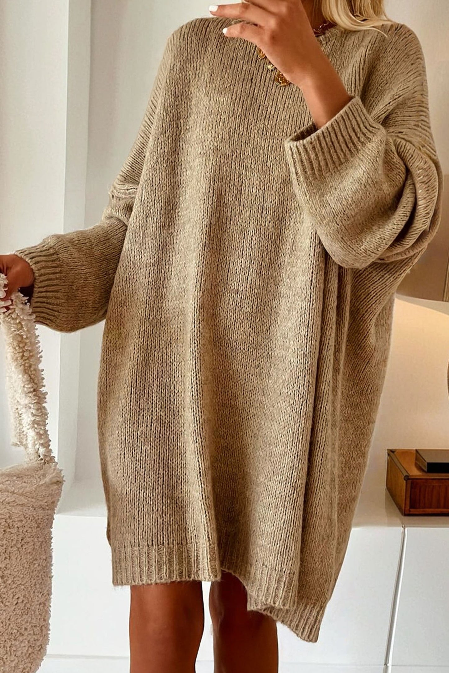Pale Khaki Exposed Seam Drop Shoulder Oversize Sweater Mini Dress - Kustom Kreations Goods