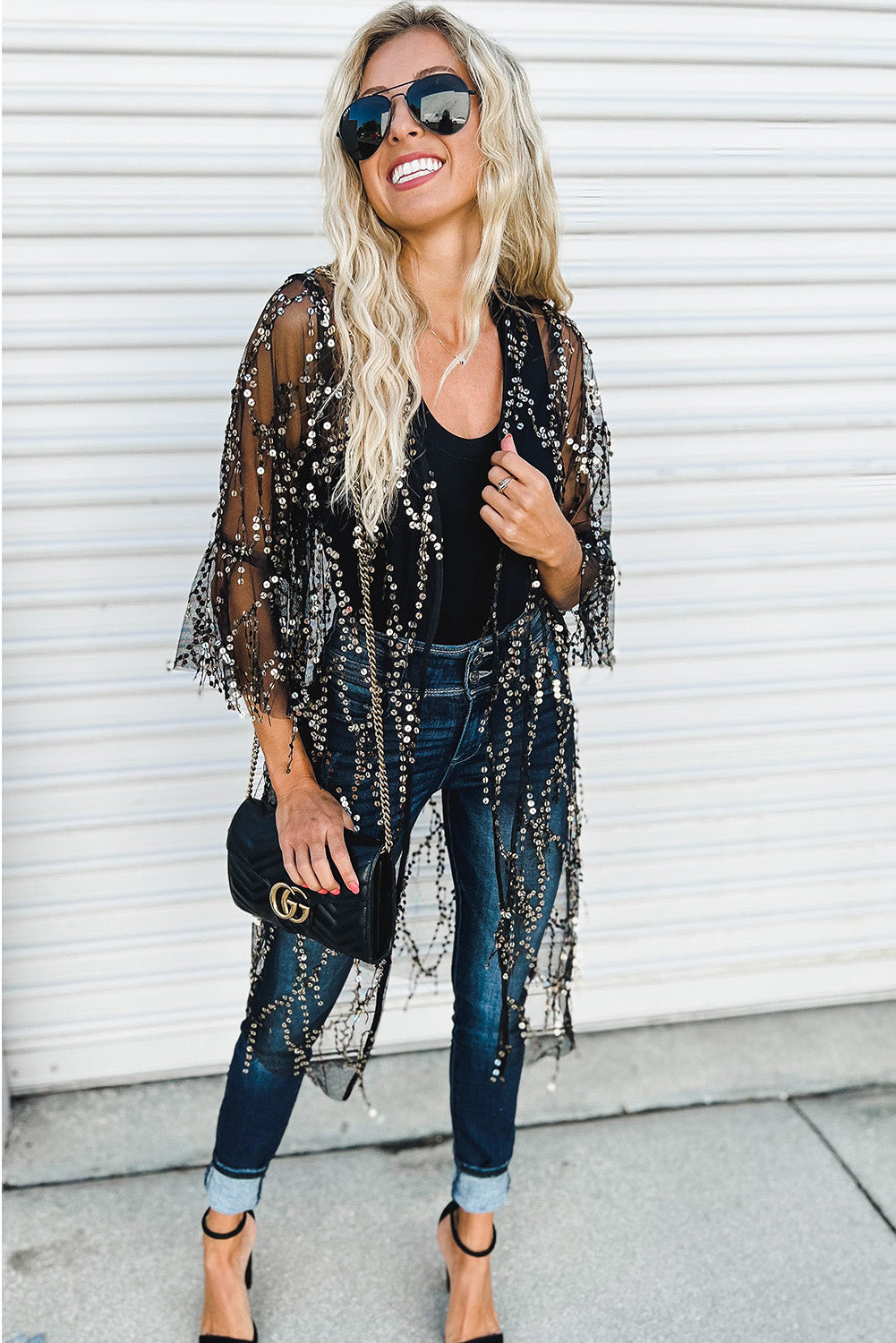 Black Sequin Sheer Casual Open Front Cover Up