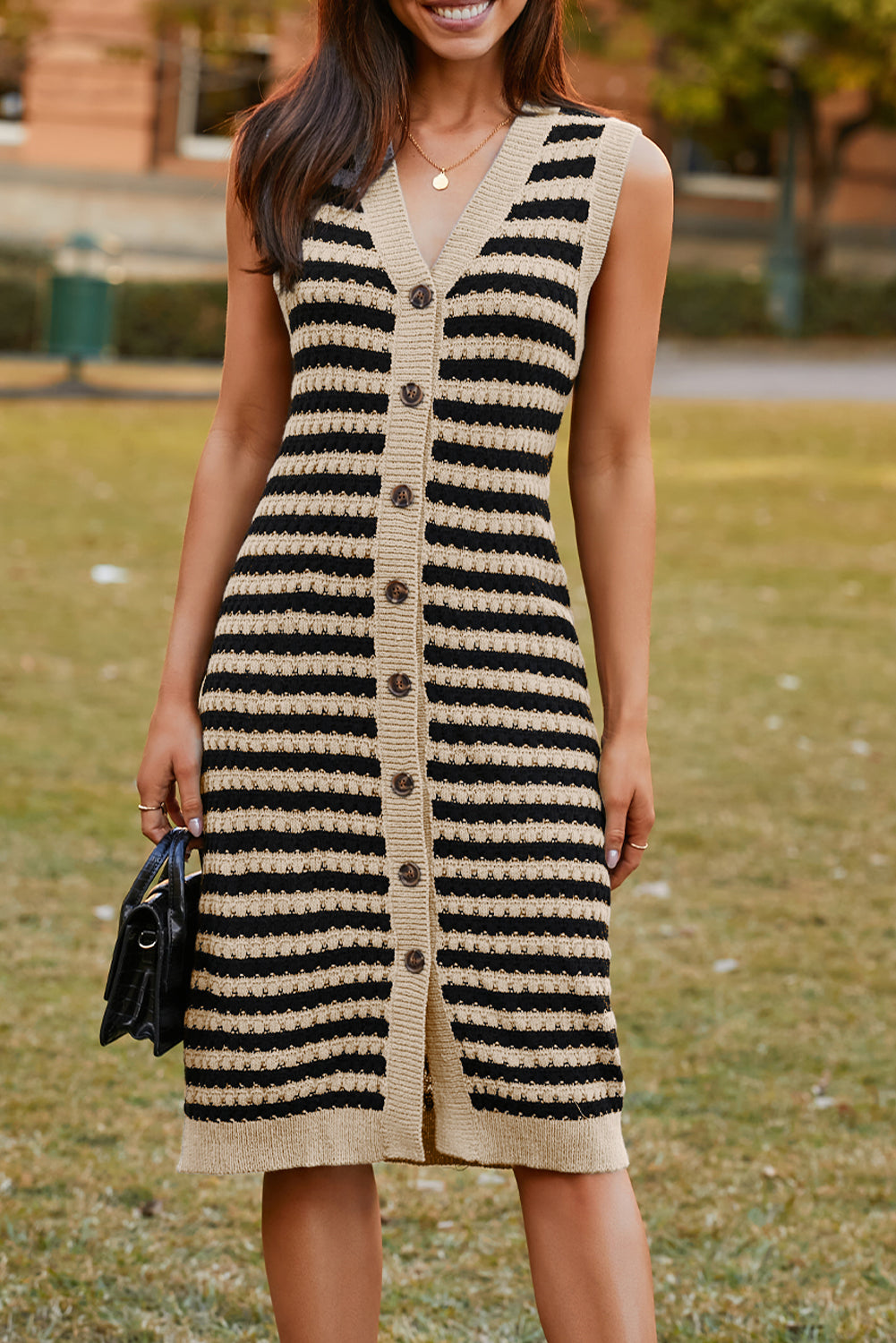 Parchment Buttoned Front Pencil Midi Sleeveless Sweater Dress - Kustom Kreations Goods
