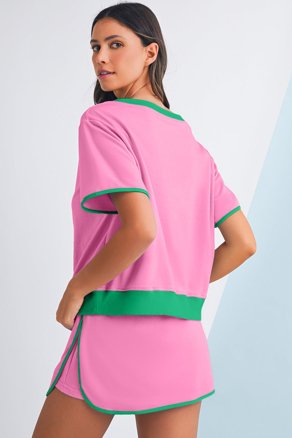 Turquoise Colorblock Edge Drop Shoulder T Shirt and Skort Set
