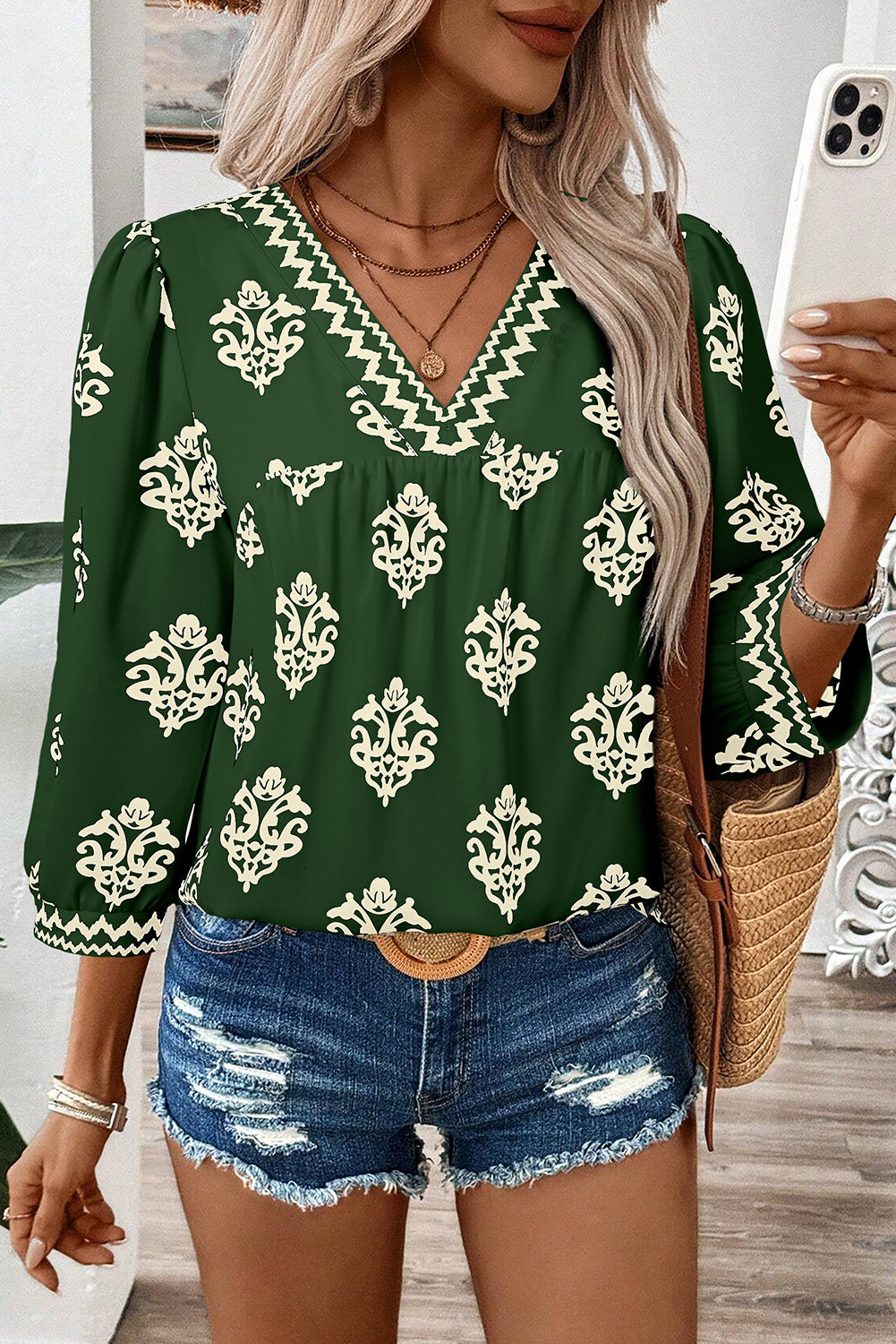 Green Damask Floral Print Contrast V Neck 3/4 Sleeve Blouse - Kustom Kreations Goods