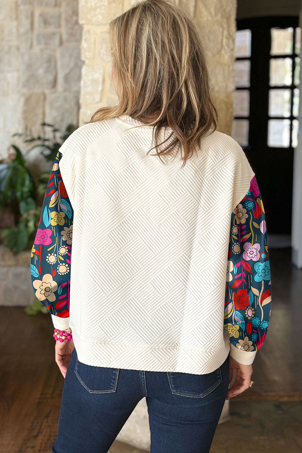 White Vintage Flower Patchwork Sleeve Textured Top