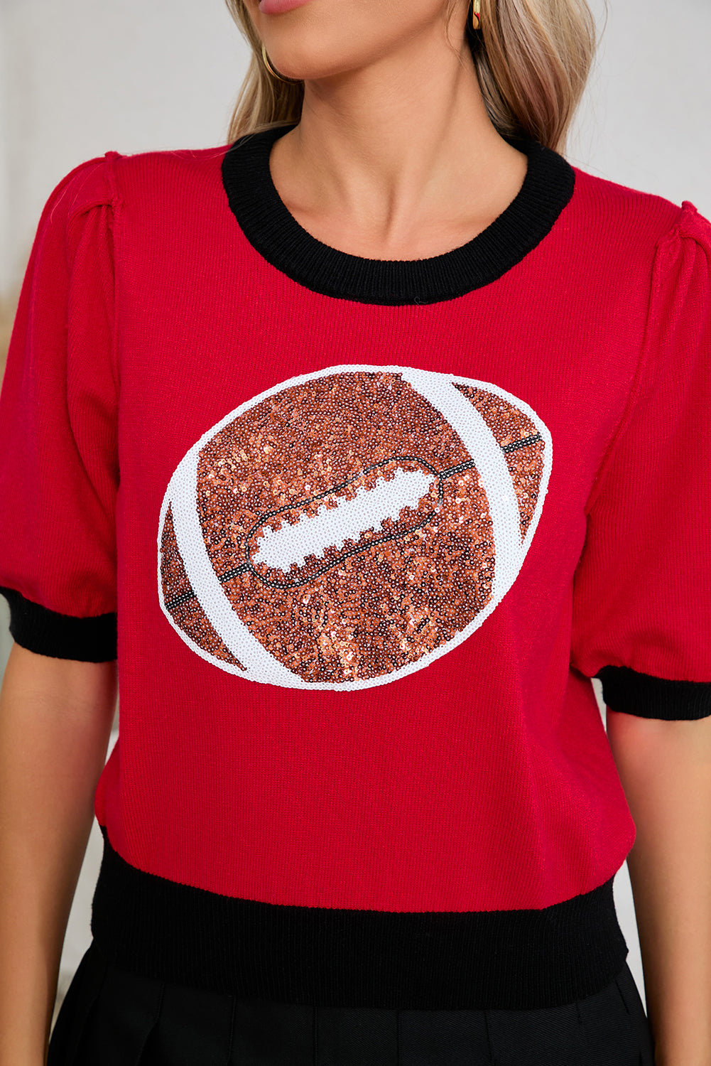 Red Sequin Rugby Color Block Puff Sleeve Knit Top