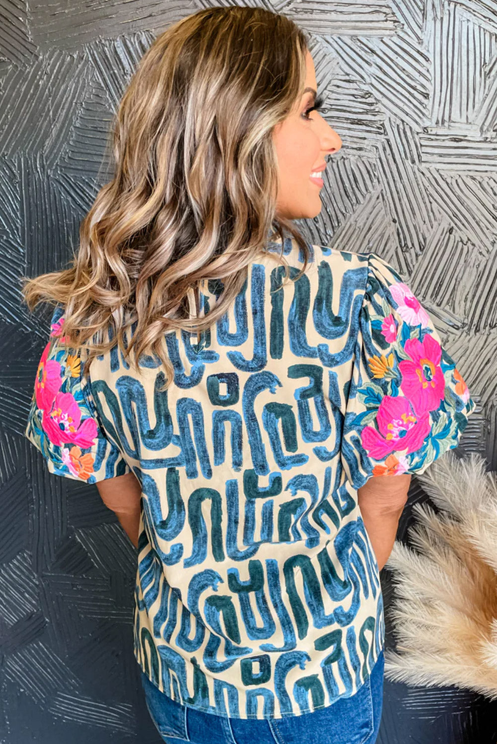 Beige Abstract Floral Print Frilled Neck Puff Sleeve Blouse - Kustom Kreations Goods