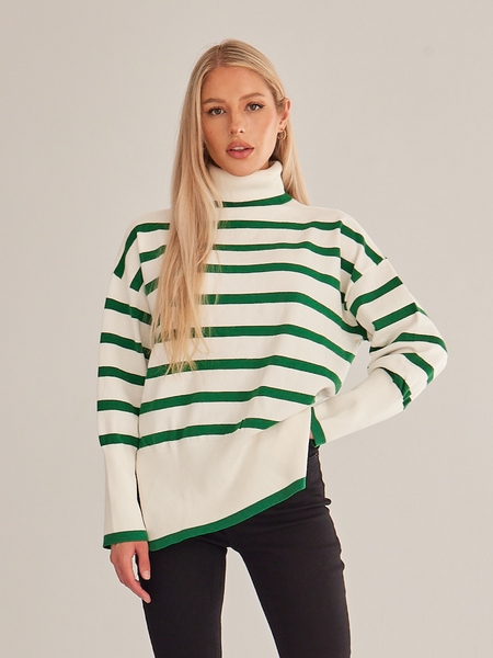 Striped Turtleneck Side-slit Sweater HWWX6BVRYU