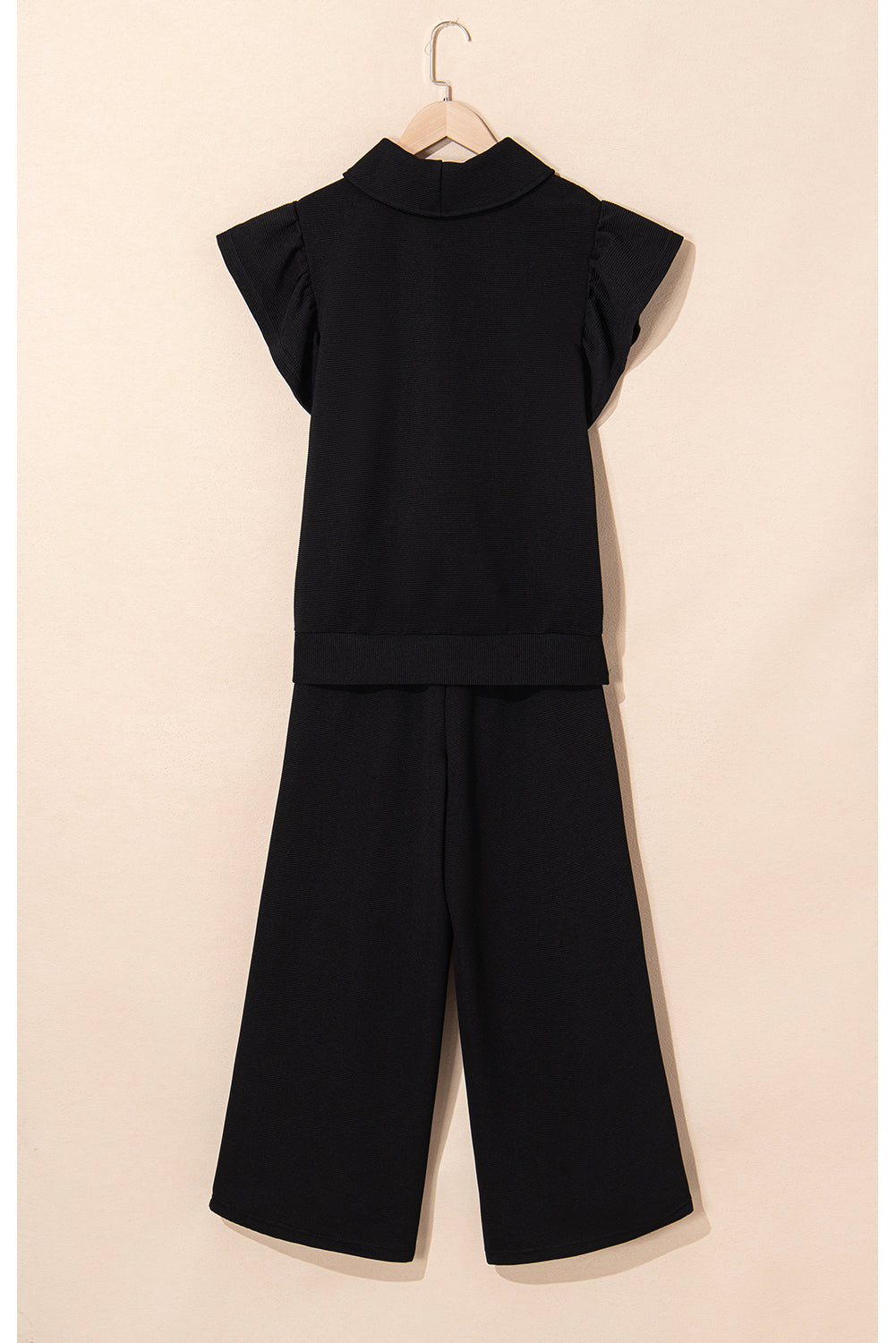 Black Textured Ruffle Sleeve Zipped Top and Wide Leg Pants Set - Kustom Kreations Goods