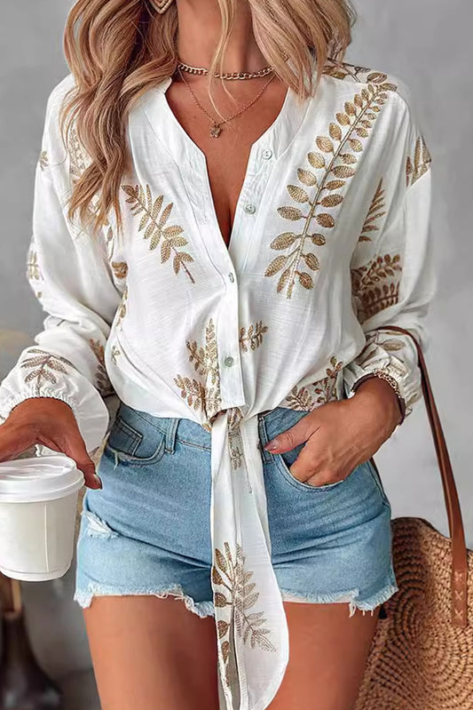 White Embroidered Leaf Tie V Neck Long Sleeve Blouse