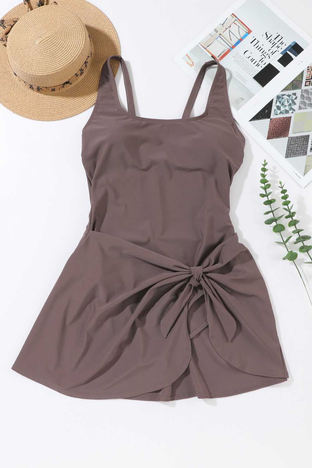 Coffee Knotted Split One Piece Swim Dress