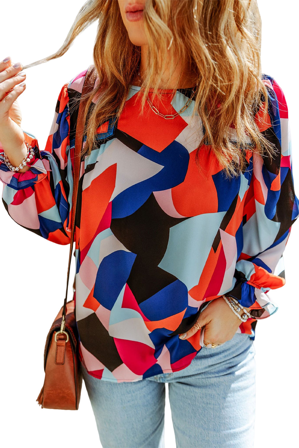 Multicolor Colorblock Casual Ruffle Puff Sleeve Blouse