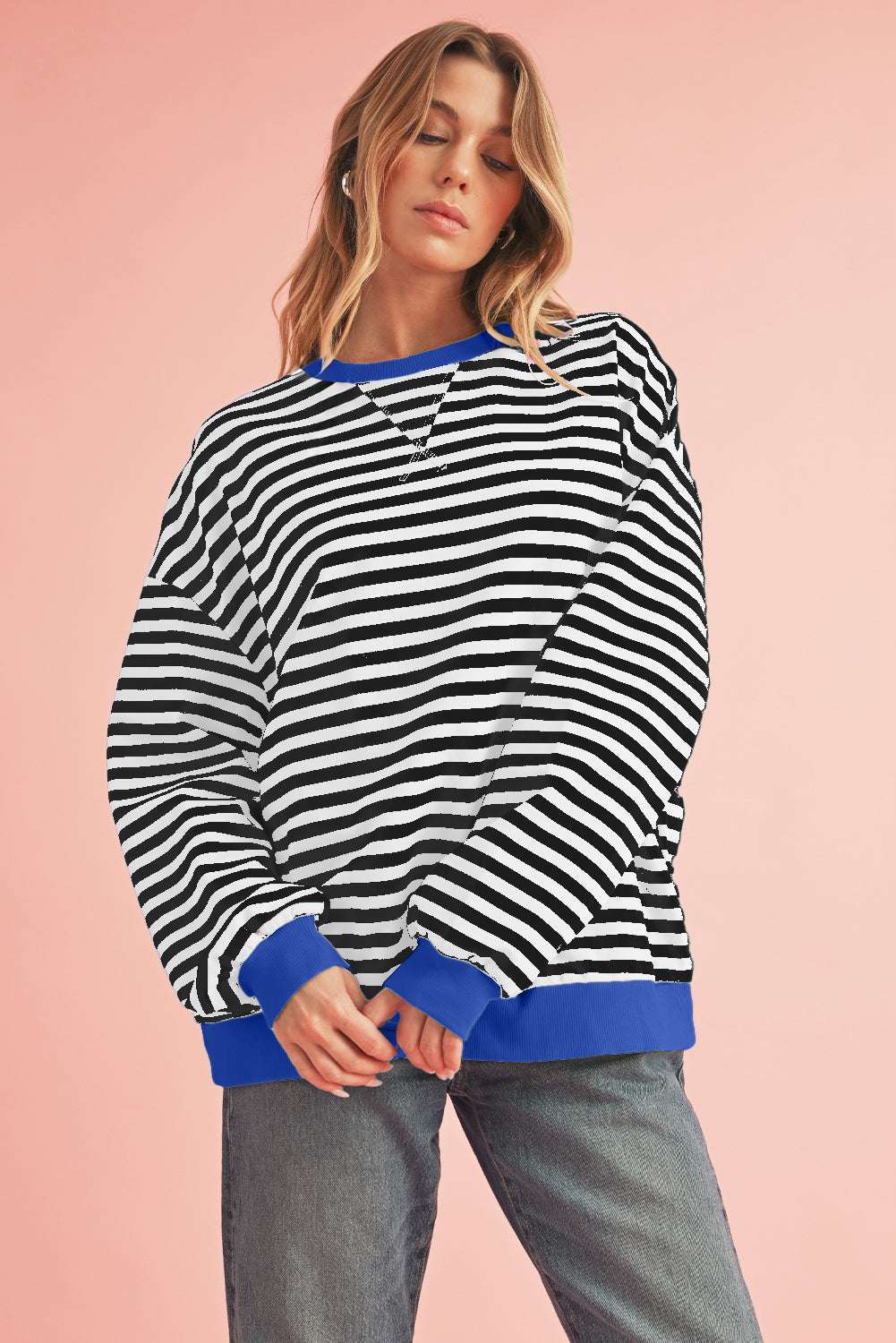 Blue Stripe Contrast Edge Cross Seam Oversized Pullover - Kustom Kreations Goods