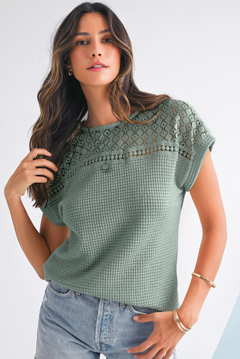 Mist Green Hollow Patchwork Waffle Knit Top - Kustom Kreations Goods