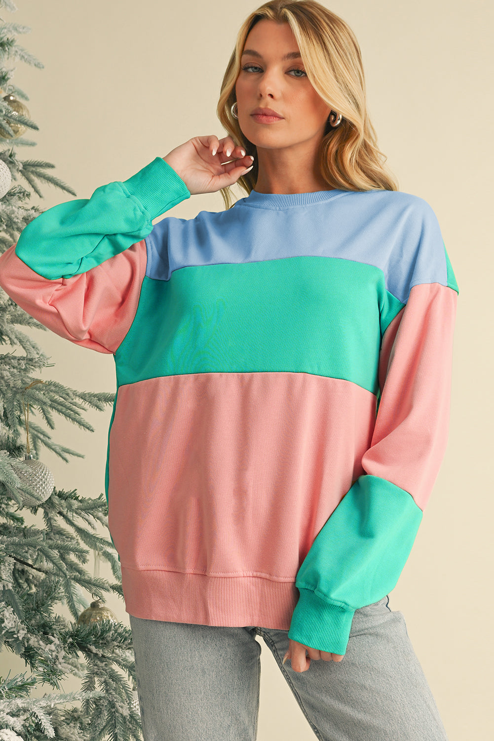 Sky Blue Colorblock Drop Shoulder Sweatshirt