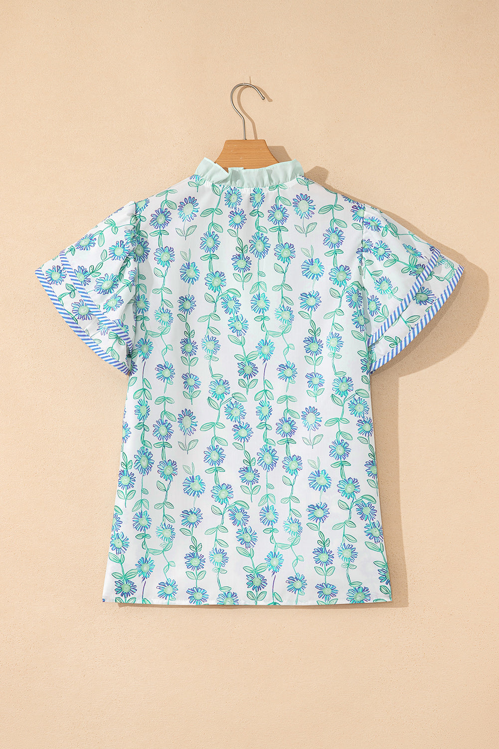 Green Floral Print Striped Trim Contrast V Neck Patchwork Boho Blouse - Kustom Kreations Goods