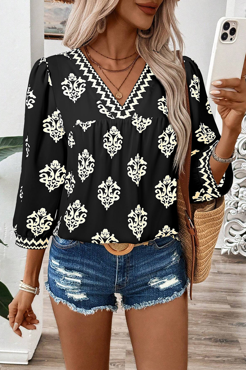 Green Damask Floral Print Contrast V Neck 3/4 Sleeve Blouse - Kustom Kreations Goods