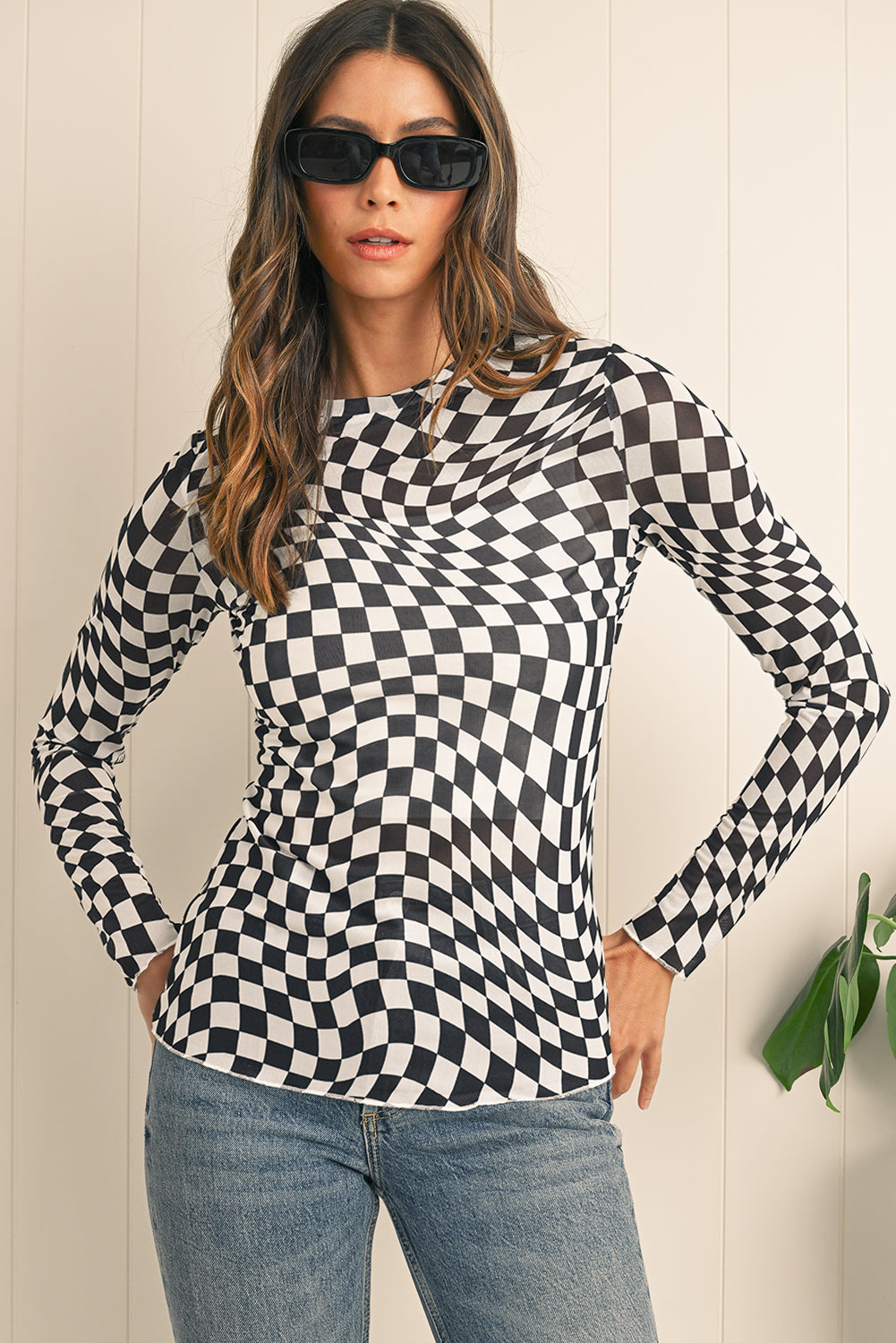 Black Checkered Pattern Mesh Long Sleeve Top - Kustom Kreations Goods