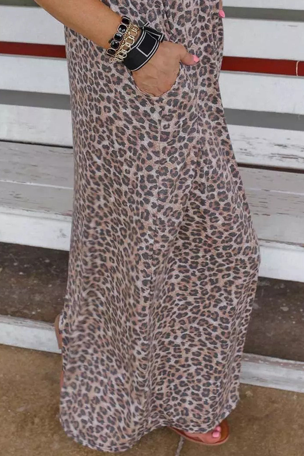 Black Leopard Print Casual Cap Sleeve Pocket Dress